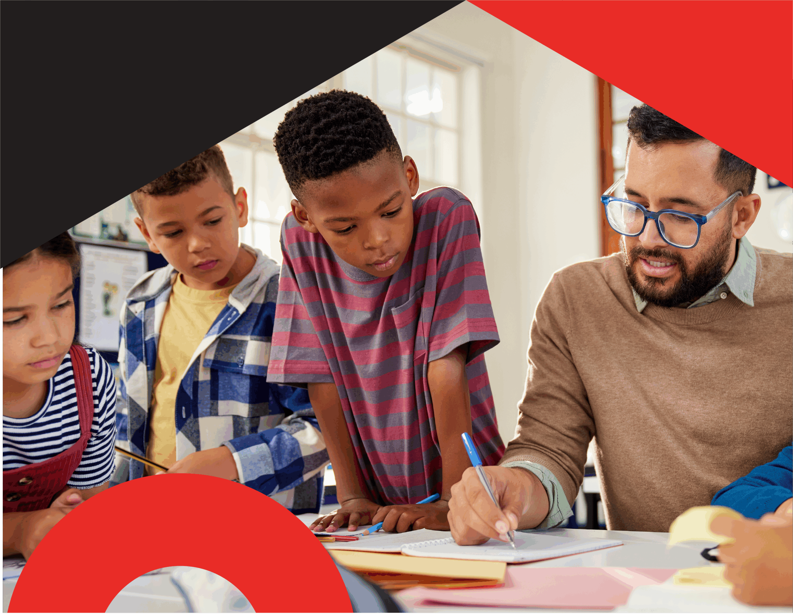 Teacher sitting at a table with four elementary school students, engaging in a classroom activity. Text overlay reads: Developing an IAQ Program for Your School